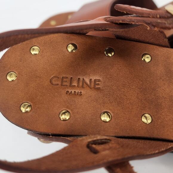Celine Wooden Platform Wedge Sandals Tan Leather Gold Studs 37 (US 7) - Picture 13 of 17